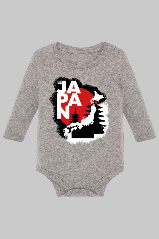 Red and White Modern Illustrative Japan T-Shirt - Body Manche longue bébé-GRIS