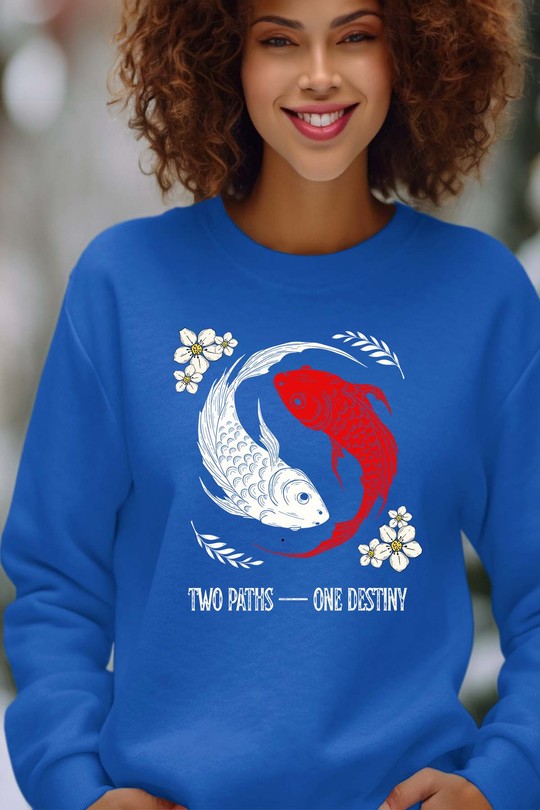 Red and White Creative Illustrated Koi Fish - Sweat Col Rond Femme-BLEU ROI