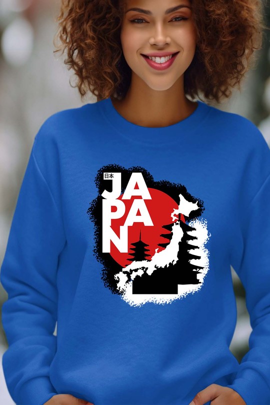 Red and White Modern Illustrative Japan T-Shirt - Sweat Col Rond Femme-BLEU ROI