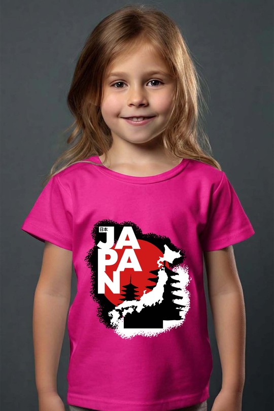 Red and White Modern Illustrative Japan T-Shirt - Tshirt Fille-FUCHSIA