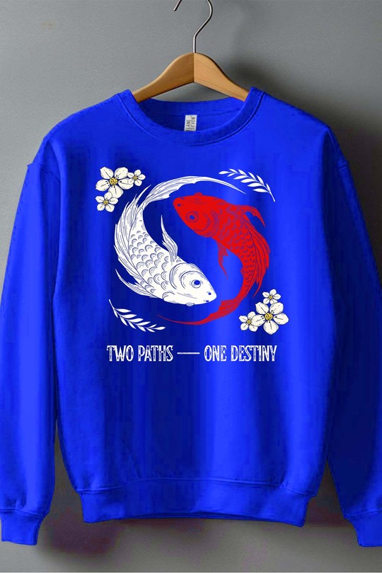 Red and White Creative Illustrated Koi Fish - Sweat Col Rond Homme-BLEU ROI