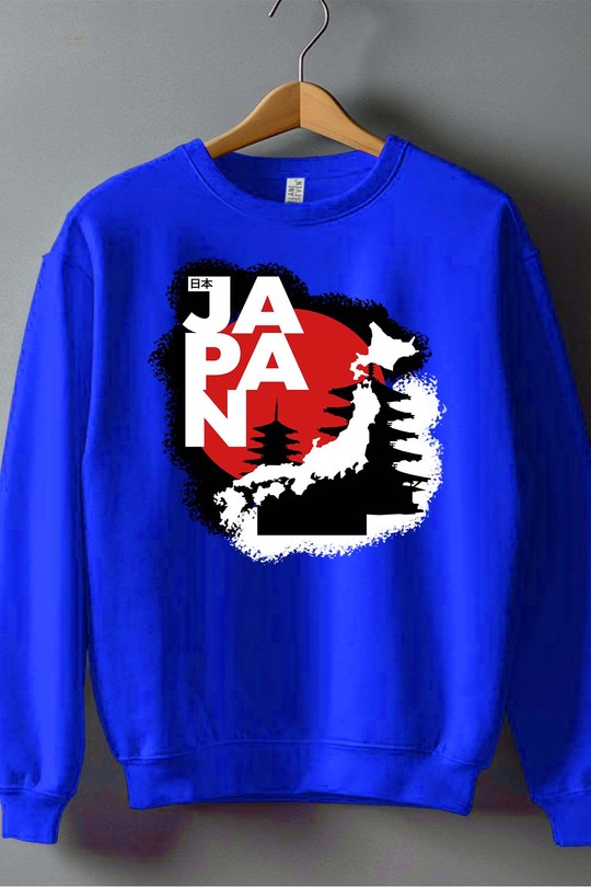 Red and White Modern Illustrative Japan T-Shirt - Sweat Col Rond Homme-BLEU ROI