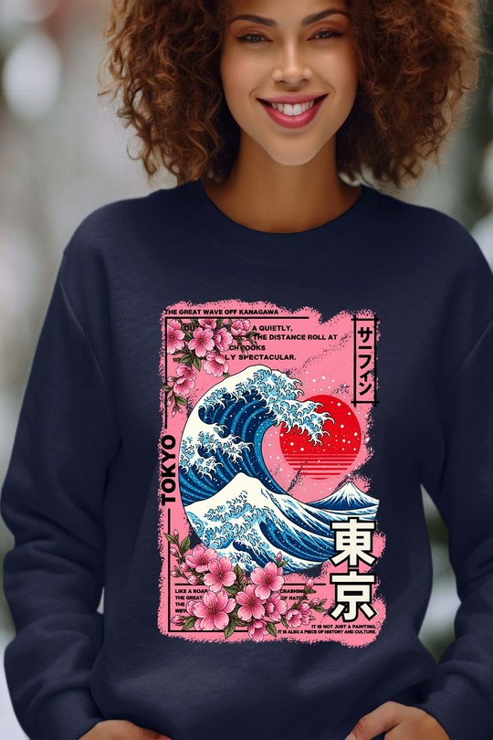Hokkaido Great Wave - Sweat Col Rond Femme-MARINE