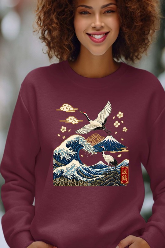 Japanese Mountain Wave - Sweat Col Rond Femme-BORDEAUX