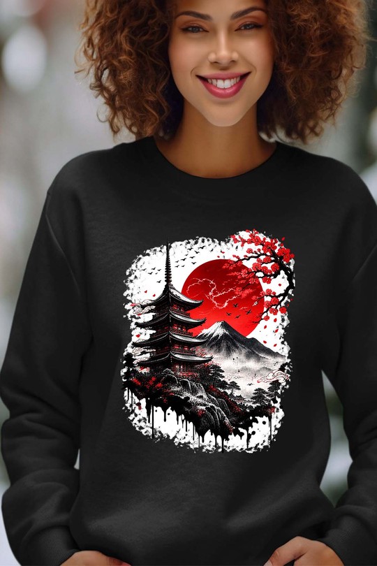 Red Sun sakura - Sweat Col Rond Femme-NOIR