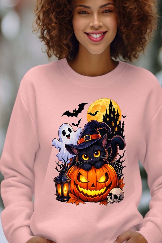 spoky cat halloween - Sweat Col Rond Femme-ROSE