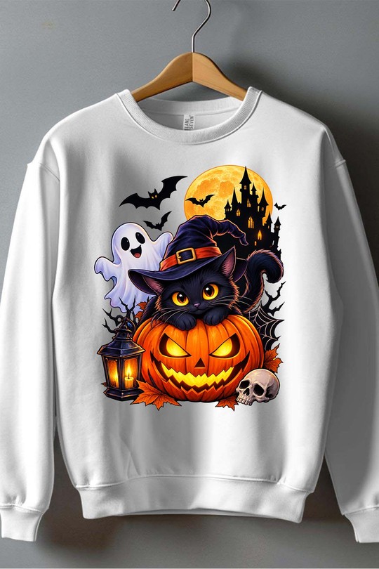 spoky cat halloween - Sweat Col Rond Homme-BLANC