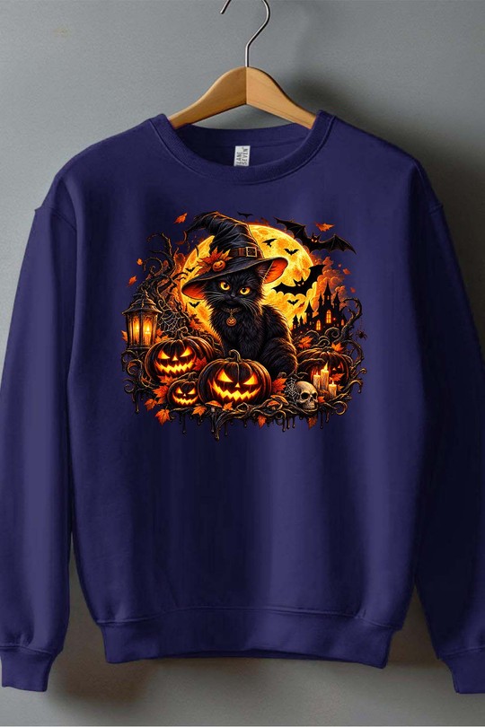 witch cat halloween - Sweat Col Rond Homme-MARINE