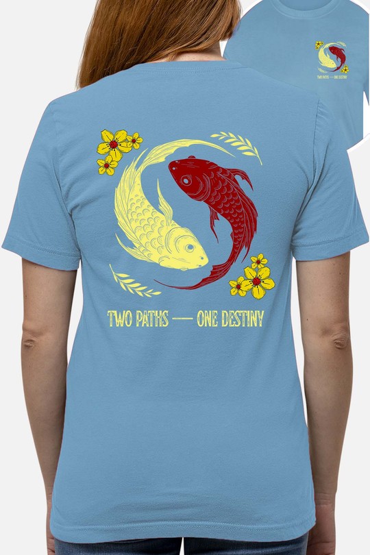 Red and White Creative Illustrated Koi Fish - Tshirt Femme AR CR - FC-BLEU CIEL