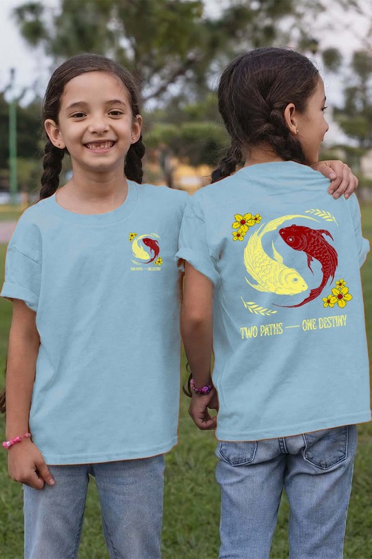 Red and White Creative Illustrated Koi Fish - Tshirt Fille AR CR - FC-BLEU CIEL
