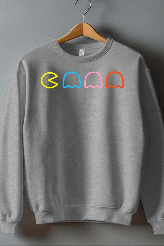 Eat PacMan - Sweat Col Rond Garçon-GRIS