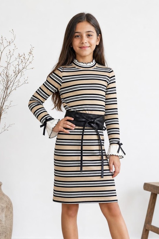 22F019 - Striped Dress Belt-BEIGE