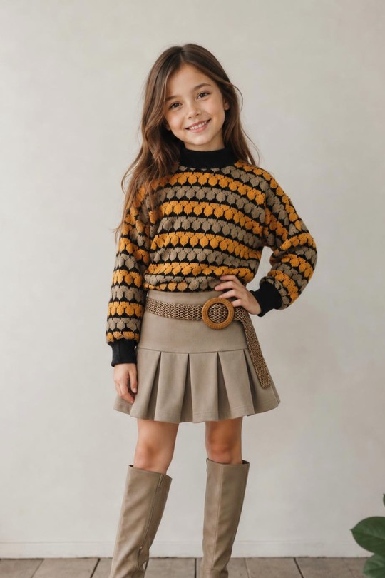 26F076 - Knitted Jumper and Pleated Skirt Set-JAUNE