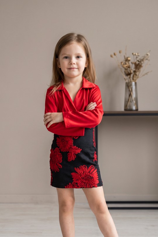 25F106 - Floral Embroidered Satin Dress-ROUGE