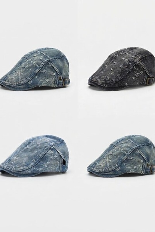 BÉRET EFFET JEAN À CARREAUX ET DÉCHIRÉ-BLEU CIEL