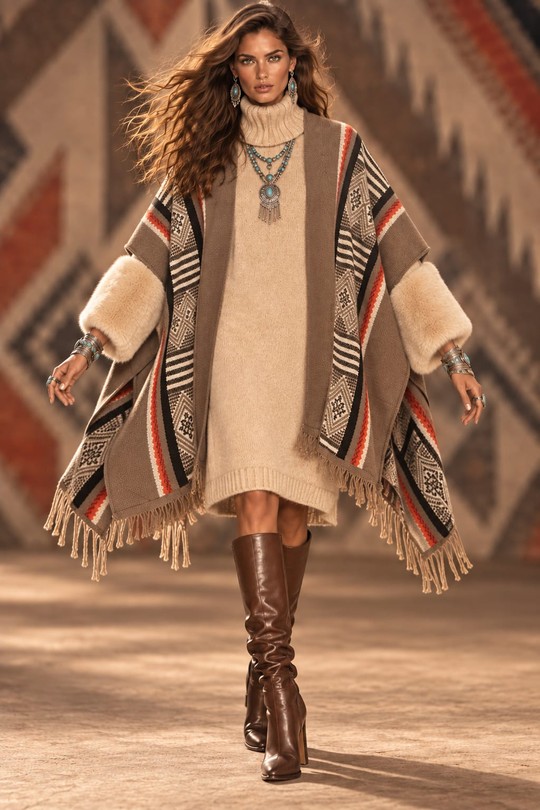 SANTA FE FUR – CHÂLE PONCHO JACQUARD À FAUSSE FOURRURE-TAUPE