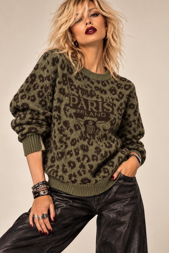 PARIS WILD – PULL JACQUARD KAKI À MOTIF LÉOPARD-KAKI