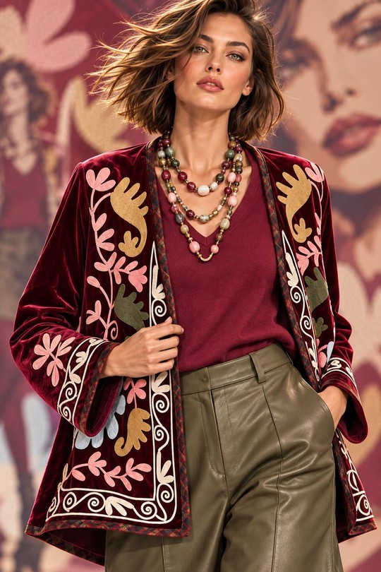 VELVET GARDEN – VESTE KIMONO EN VELOURS BRODÉ-BORDEAUX
