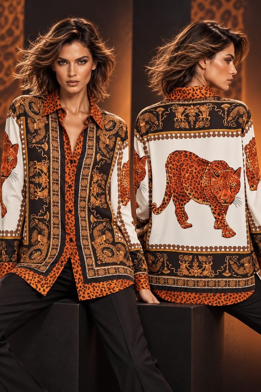 PANTHÈRE IMPÉRIALE – CHEMISE SATINÉE À IMPRIMÉ FÉLIN-ORANGE