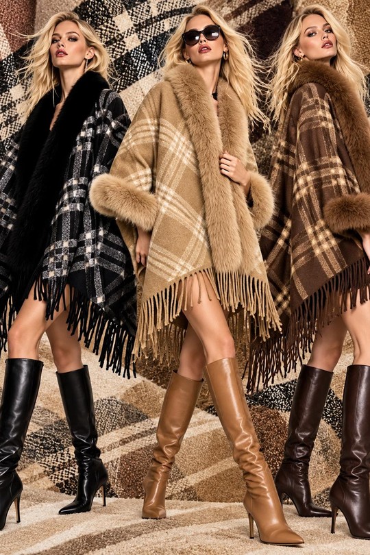 HIGHLAND FUR – CAPE À CARREAUX ET COL FAUSSE FOURRURE-BEIGE