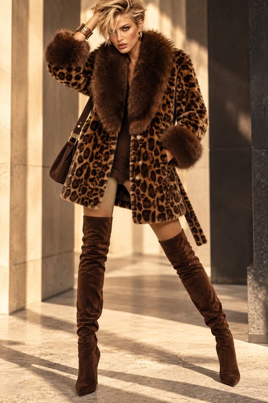 LEOPARD ICON – MANTEAU FAUSSE FOURRURE À COL XXL-BRUN