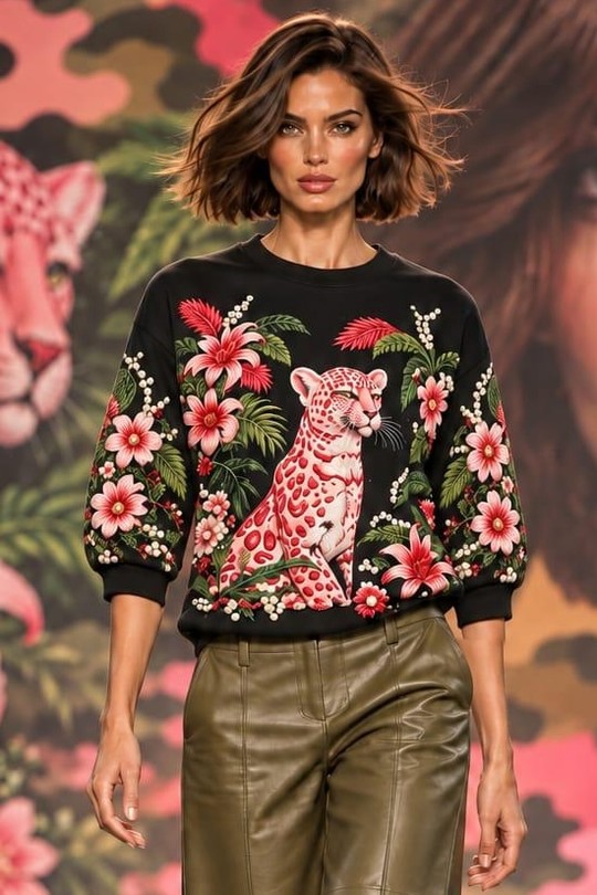 PINK PANTHER BLOOM – SWEAT À MOTIF FÉLIN ET FLEURS-NOIR