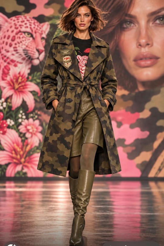 COMMANDO CHIC – TRENCH LONG CAMOUFLAGE À PATCHS-KAKI