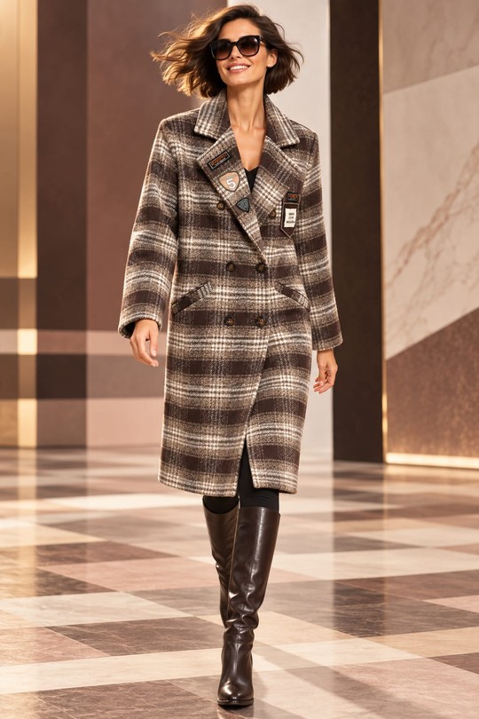 OXFORD CHECK – MANTEAU CROISÉ À CARREAUX ET PATCHS-BRUN