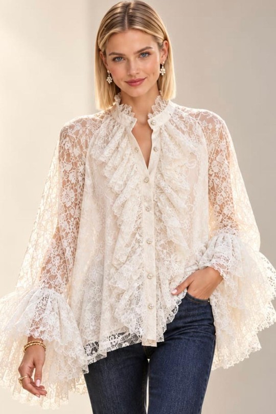 LACE CASCADE – BLOUSE DENTELLE À VOLANTS-BLANC