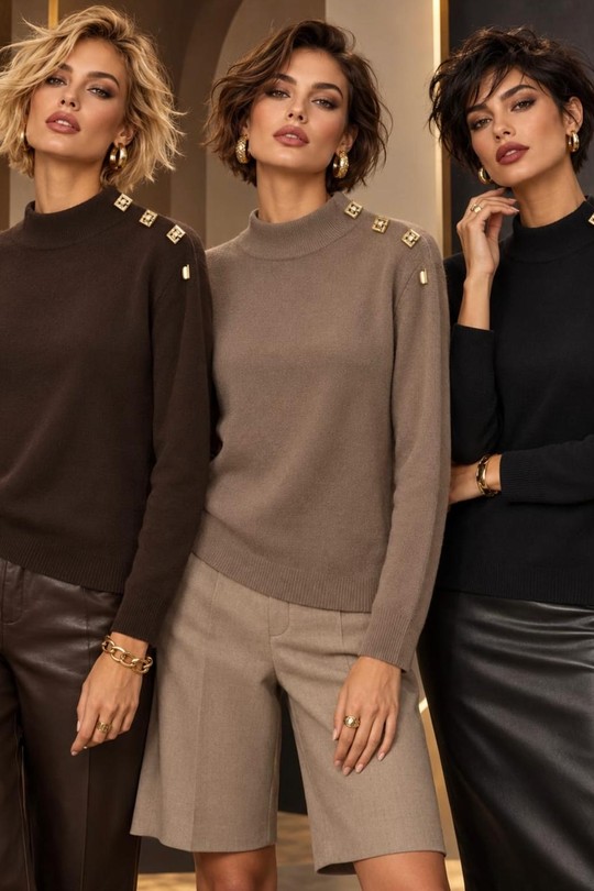 ICON BUTTON – PULL COL MONTANT À BIJOUX-MARRON