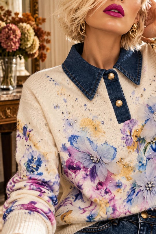 BLOOM DENIM - PULL FLEURS 3D-BLANC
