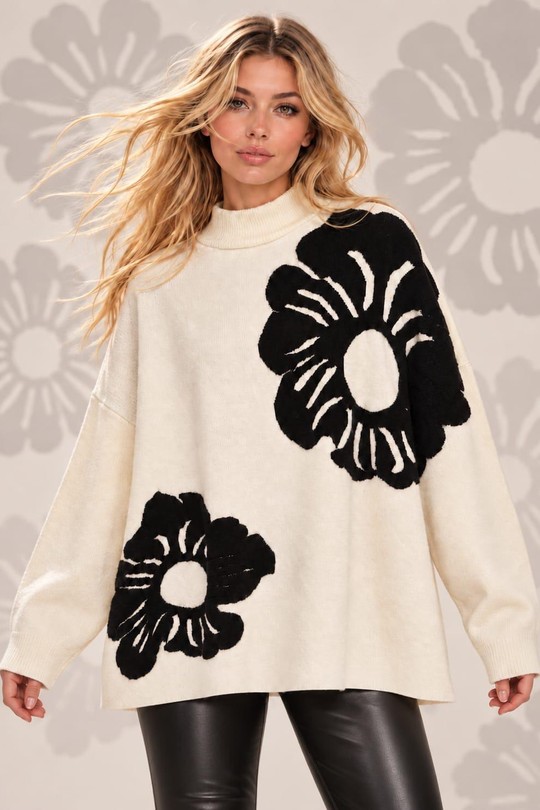 BLOOM MONO - PULL OVERSIZE FLEURS-BLANC