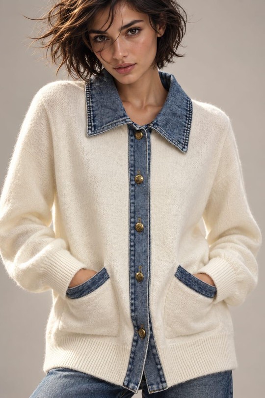 DENIM TOUCH - GILET MAILLE ET JEAN-BLANC