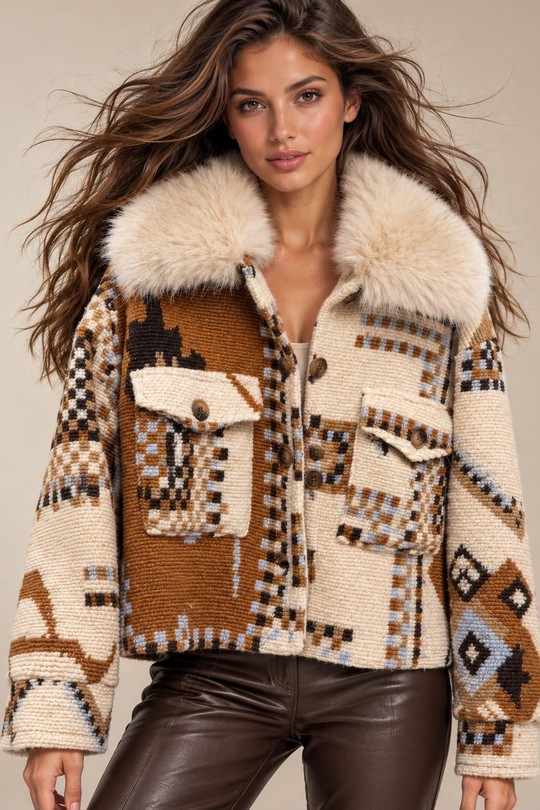 HERITAGE FUR - VESTE JACQUARD FOURRURE-COGNAC