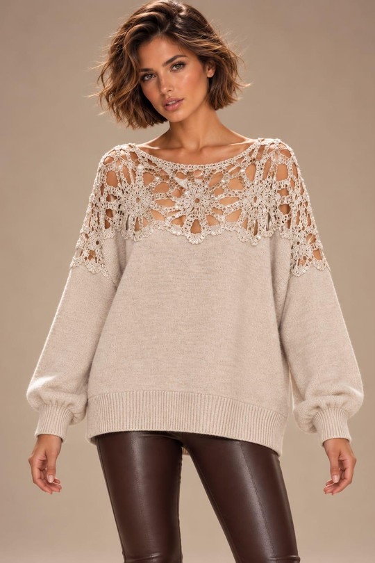 LACE YOKE - PULL DENTELLE AJOURÉE-BEIGE