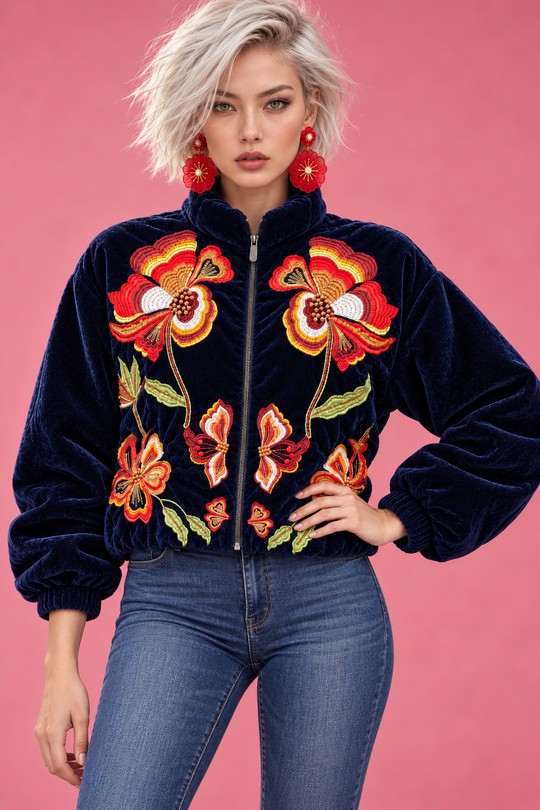 VELVET BLOOM - BLOUSON VELOURS BRODE-MARINE