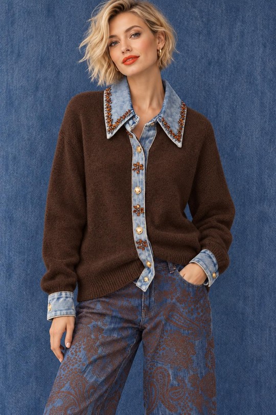 DENIM JEWEL - GILET MAILLE BIJOU-MARRON