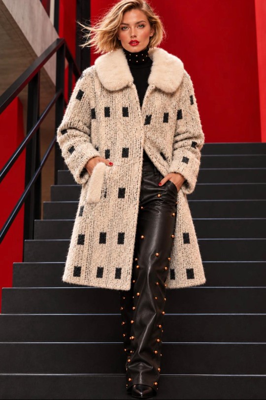 GRAPHIC FUR - MANTEAU JACQUARD FOURRURE-ECRU