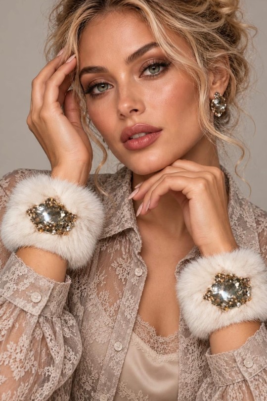 FUR GEM - MANCHETTES BIJOU FOURRURE-ECRU