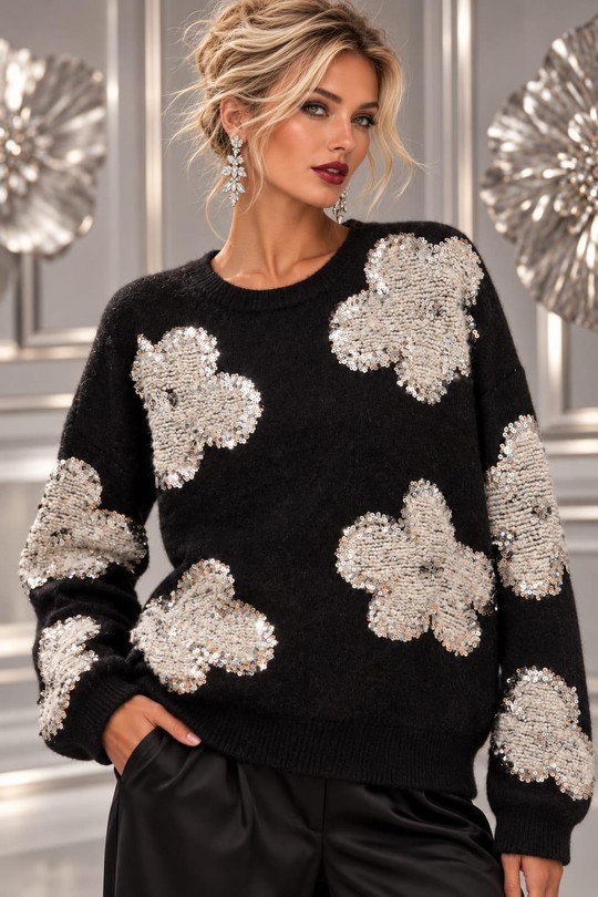 BLOOM SEQUIN - PULL FLEURS BIJOU-NOIR