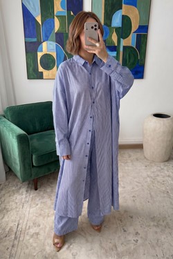 X454-1 Ensemble Oversize Vichy Bleu Victoria-BLEU