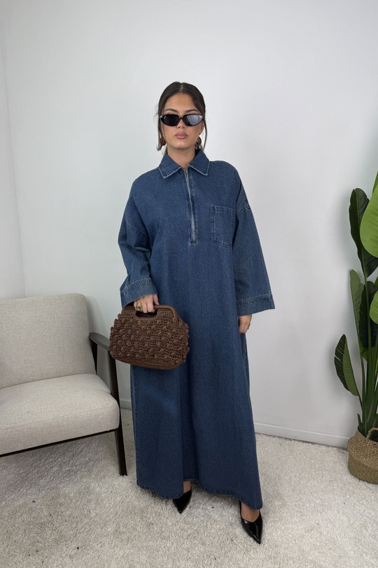 ROBE ABAYA EN JEAN ABAH B254-BLEU FONCÉ