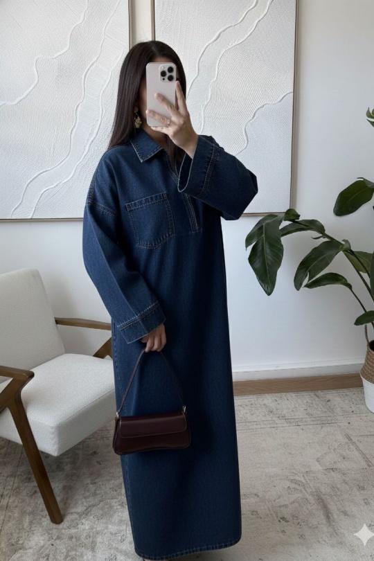 ROBE ABAYA EN JEAN ABAH B254-BLEU MARINE