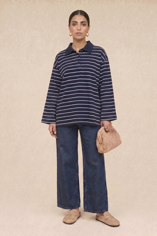 M625 T-shirt manches longues rayé Tiphaine -BLEU FONCÉ