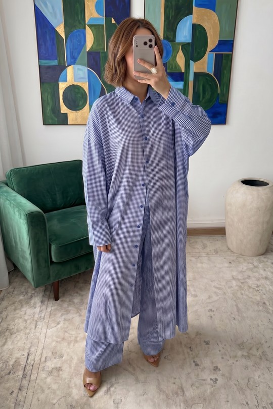 X454-1 Ensemble Oversize Vichy Bleu Victoria-BLEU