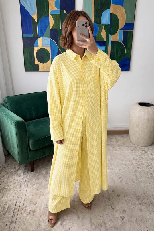 X454-1 Ensemble Oversize Vichy Bleu Victoria-JAUNE