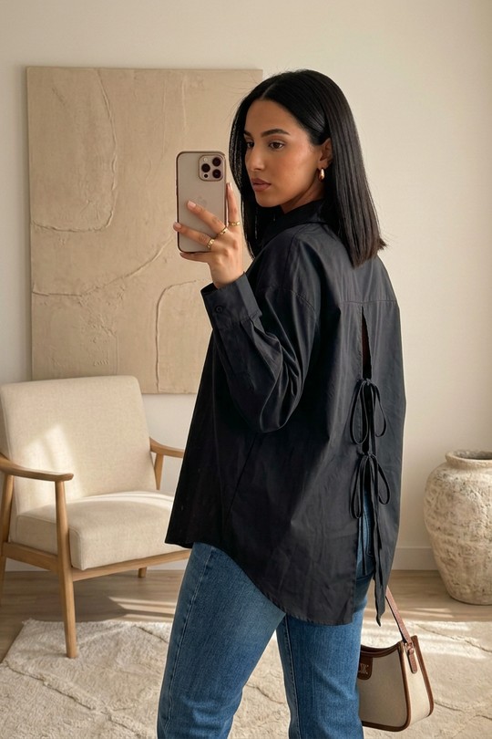 X459 Chemise Élina – Popeline à nœuds dos-NOIR