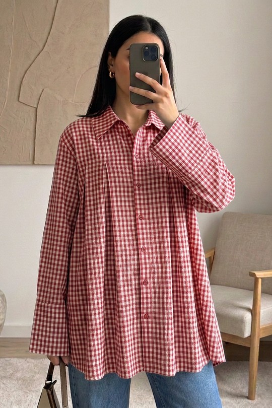 X457-1 Chemise Maeva – Popeline Vichy évasée-ROUGE