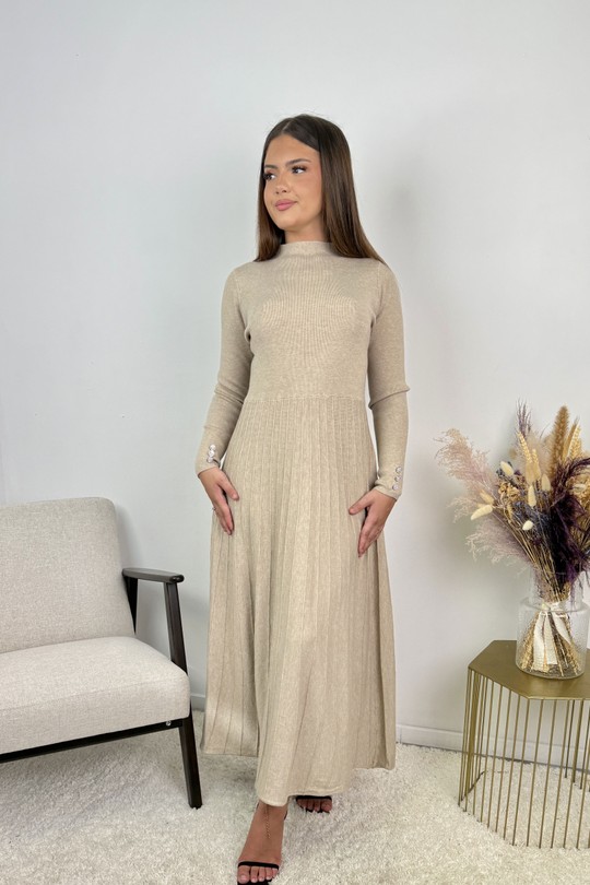 AJ263 Robe Amélia – Maille plissée -BEIGE
