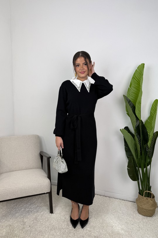 AJ308 Robe Sofia – Maille ceinturée-NOIR